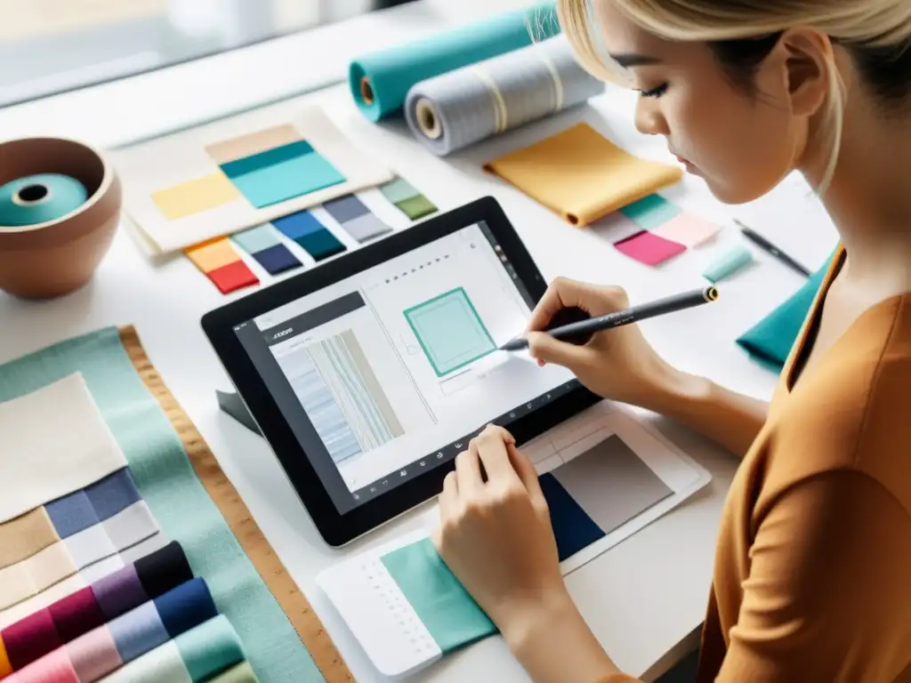 Diseñador de moda creando diseño innovador con tablet y telas Una diseñadora de moda crea un diseño único en su tablet rodeada de telas y herramientas, en un estudio minimalista iluminado por luz natural