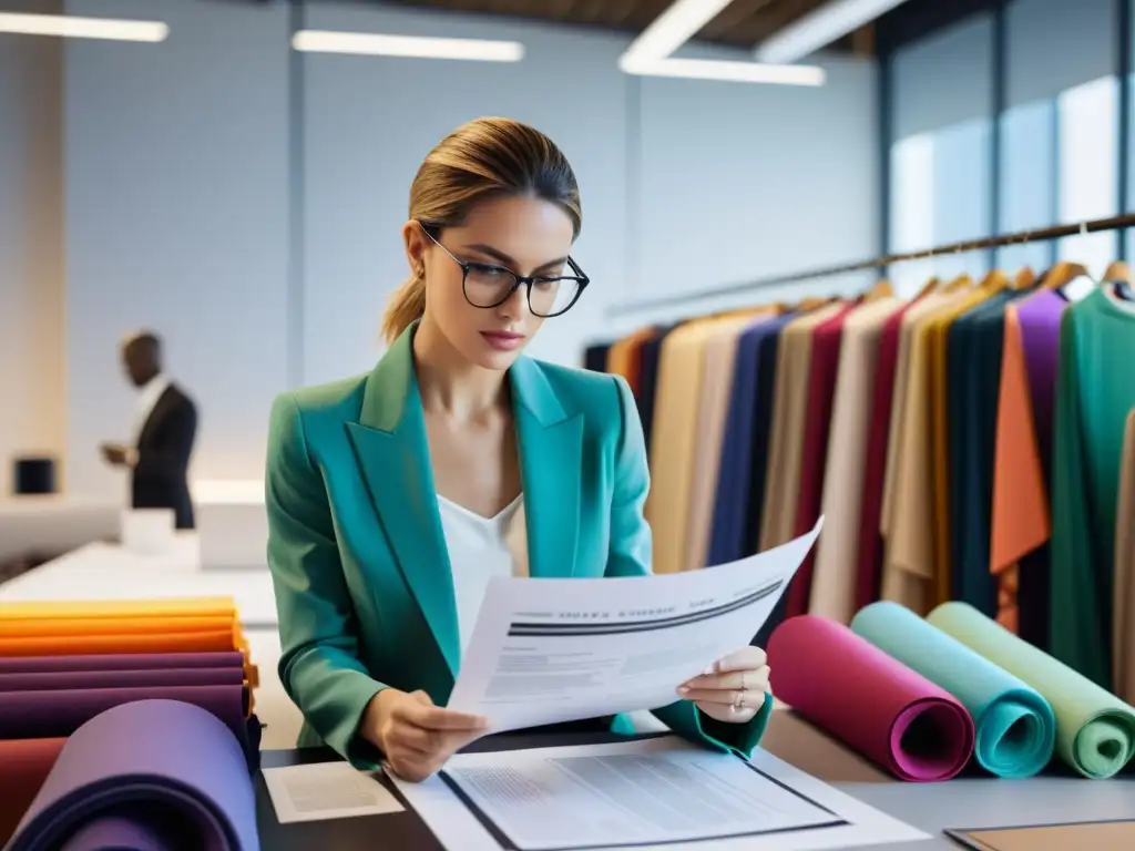 Una diseñadora de moda revisa documentos legales en un espacio de oficina minimalista rodeada de telas coloridas