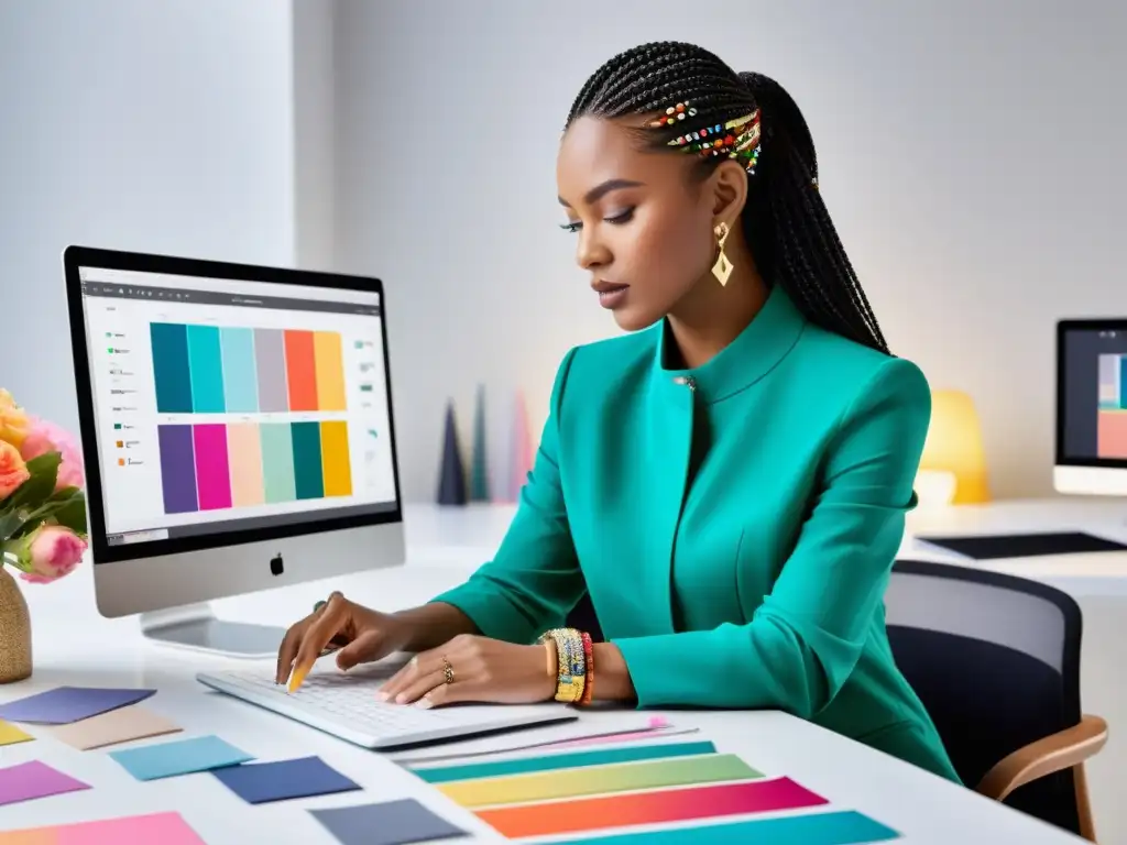 Una diseñadora de moda crea en su estudio moderno, rodeada de telas lujosas y bocetos coloridos