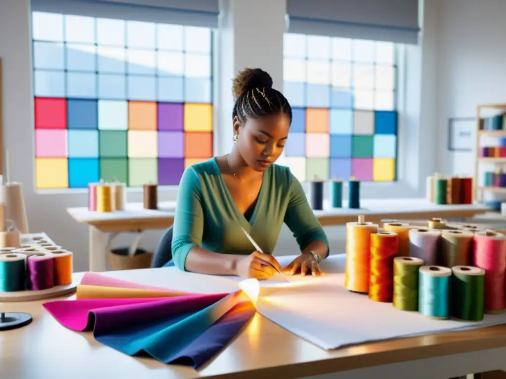 Una diseñadora de moda dibujando en un estudio moderno y luminoso, rodeada de telas lujosas y máquinas de coser