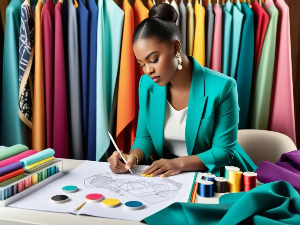 Una diseñadora de moda creando su línea, rodeada de tela colorida y herramientas de costura