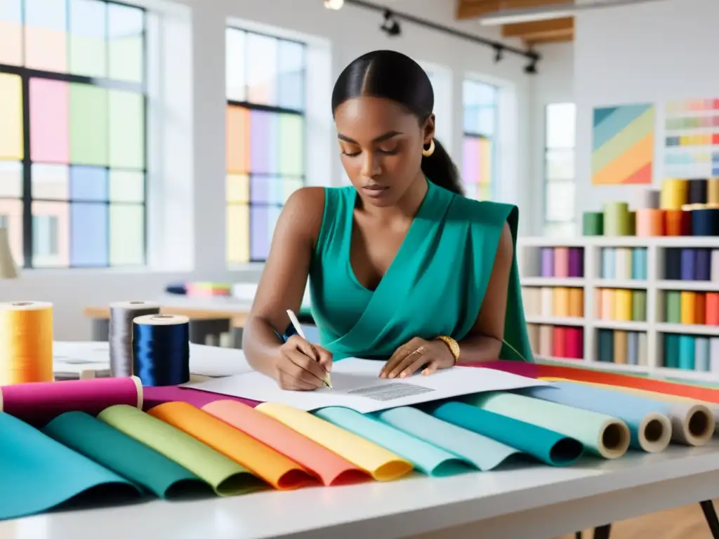 Una diseñadora de moda crea una nueva colección, rodeada de telas, cintas métricas y carretes de hilo, con expresión enfocada