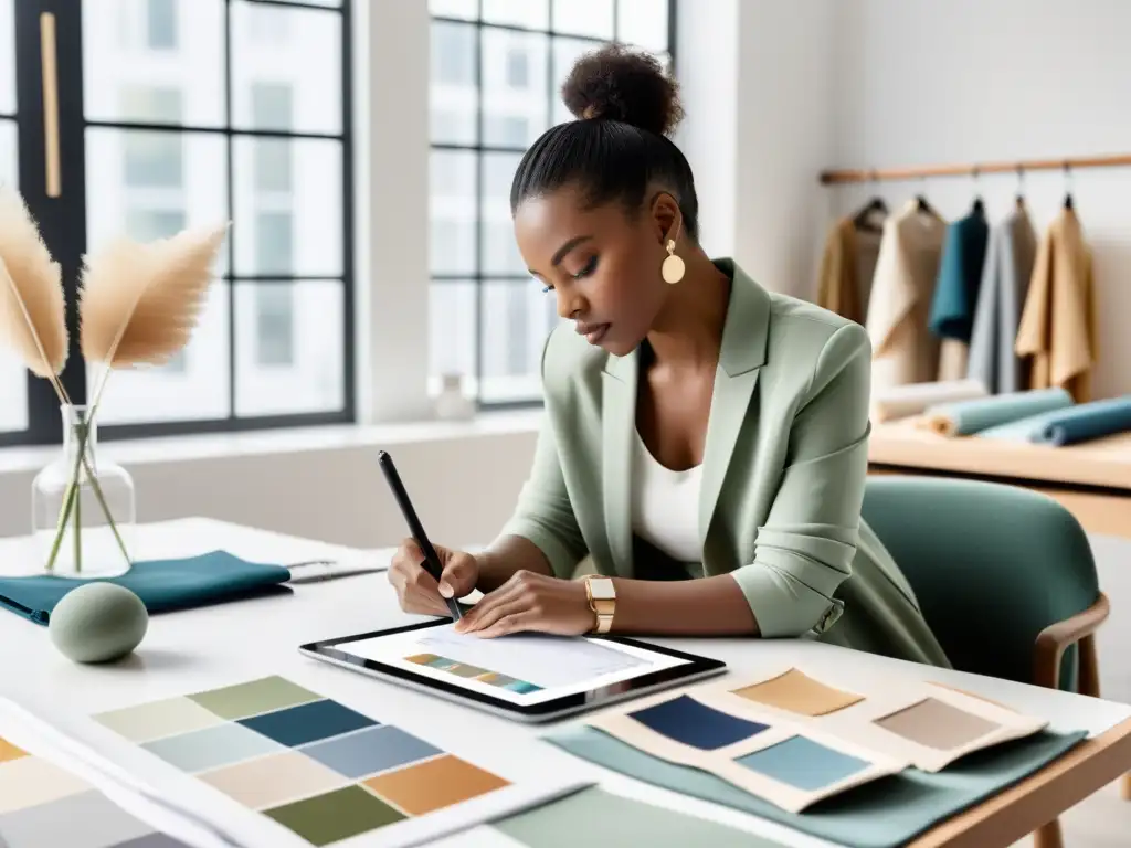 Una diseñadora de moda crea un nuevo diseño en una tableta, rodeada de muestras de tela, con expresión concentrada en un estudio luminoso y moderno