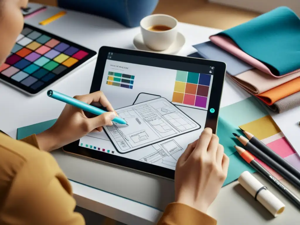 Una diseñadora de moda dibuja un nuevo diseño en una tableta moderna, rodeada de telas coloridas y un tablero de inspiración