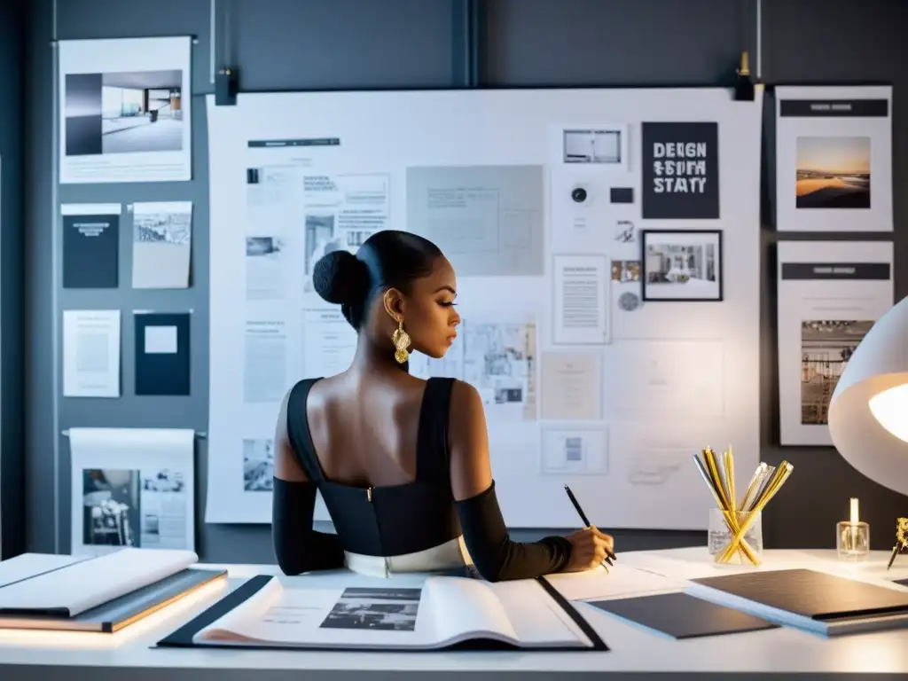 Una diseñadora de moda esbozando un nuevo diseño en un estudio moderno lleno de tecnología y tejidos lujosos, rodeada de mood boards e inspiración