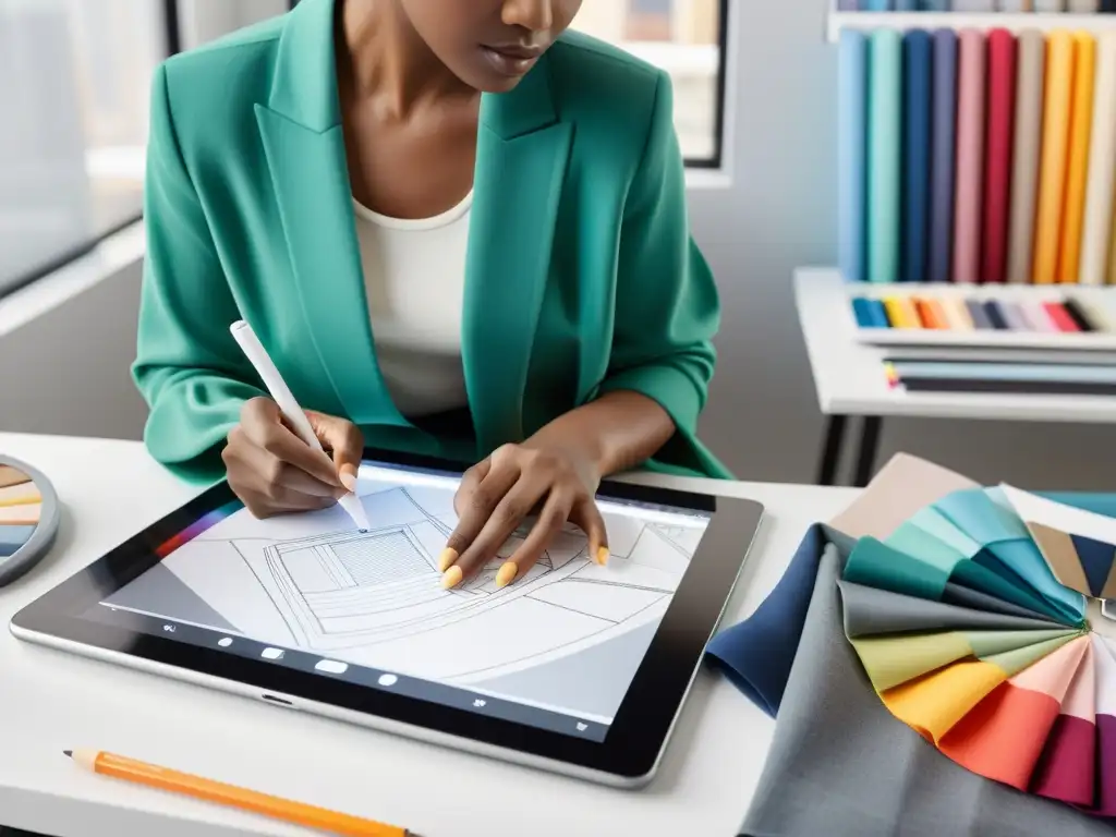 Una diseñadora de moda esboza un nuevo diseño en una tableta digital, rodeada de telas, paletas de colores y herramientas de diseño en un estudio contemporáneo con luz natural