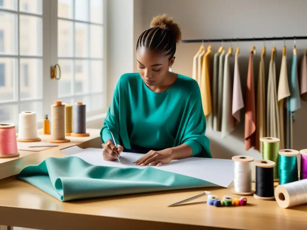 Una diseñadora de moda crea un nuevo diseño en su estudio, rodeada de telas y herramientas de costura