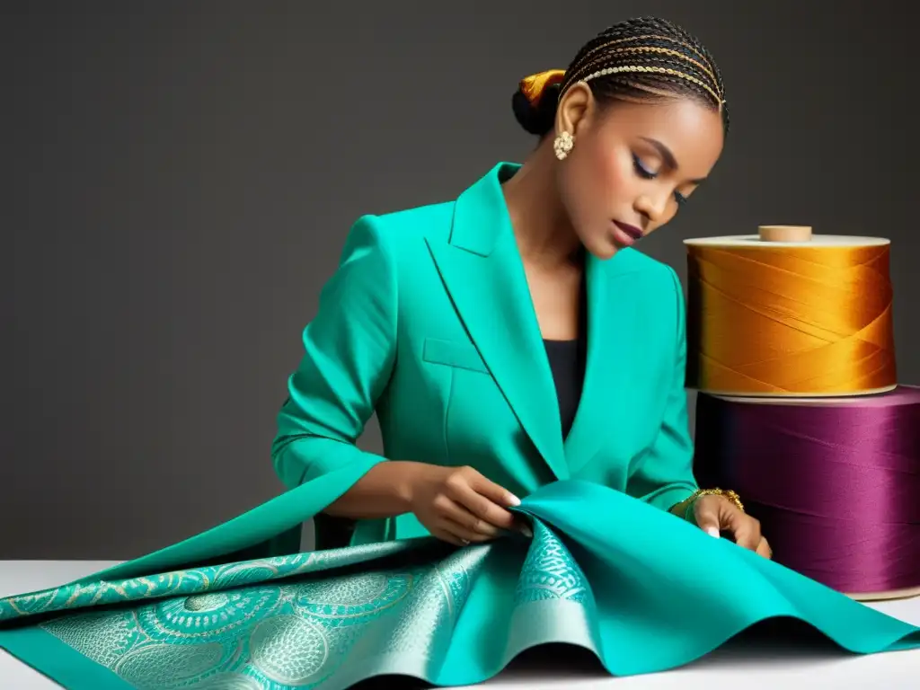 Una diseñadora de moda examina detalladamente un patrón textil bajo la brillante iluminación del estudio