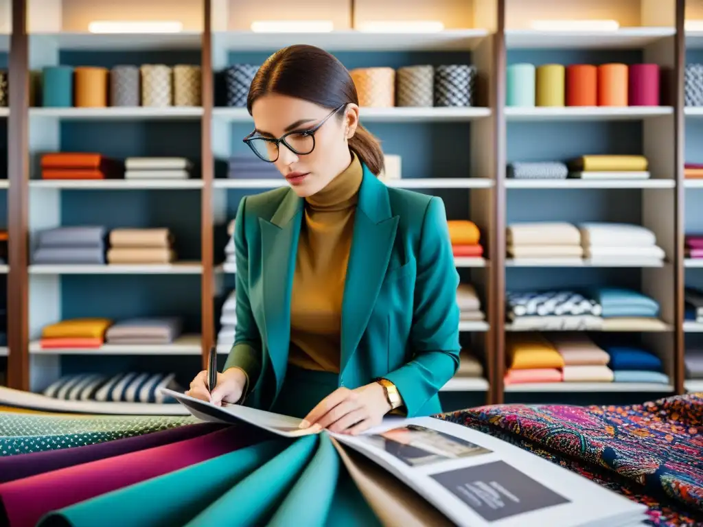 Una diseñadora de moda examina patrones de tela en un estudio profesional, destacando los desafíos legales en la moda