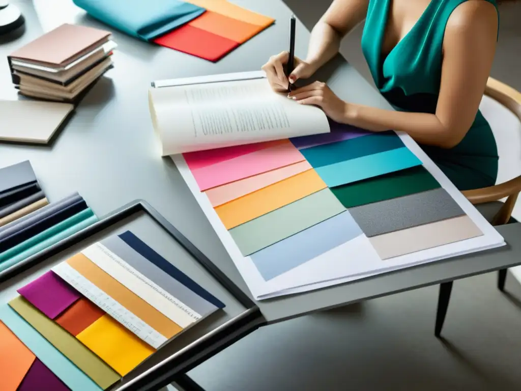 Una diseñadora de moda esboza con precisión en una mesa minimalista, rodeada de telas y revistas de moda