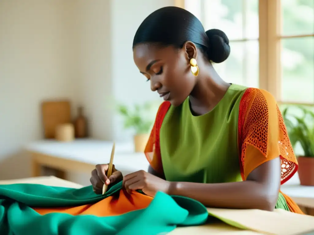 Una diseñadora de moda sostenible creando una prenda hermosa con materiales ecológicos y técnicas innovadoras, rodeada de luz natural