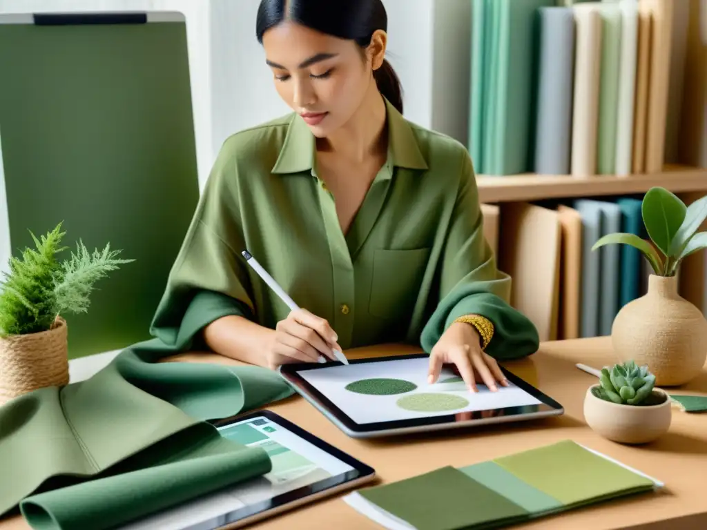 Una diseñadora de moda sostenible dibuja en tablet rodeada de materiales reciclados y paleta de colores naturales