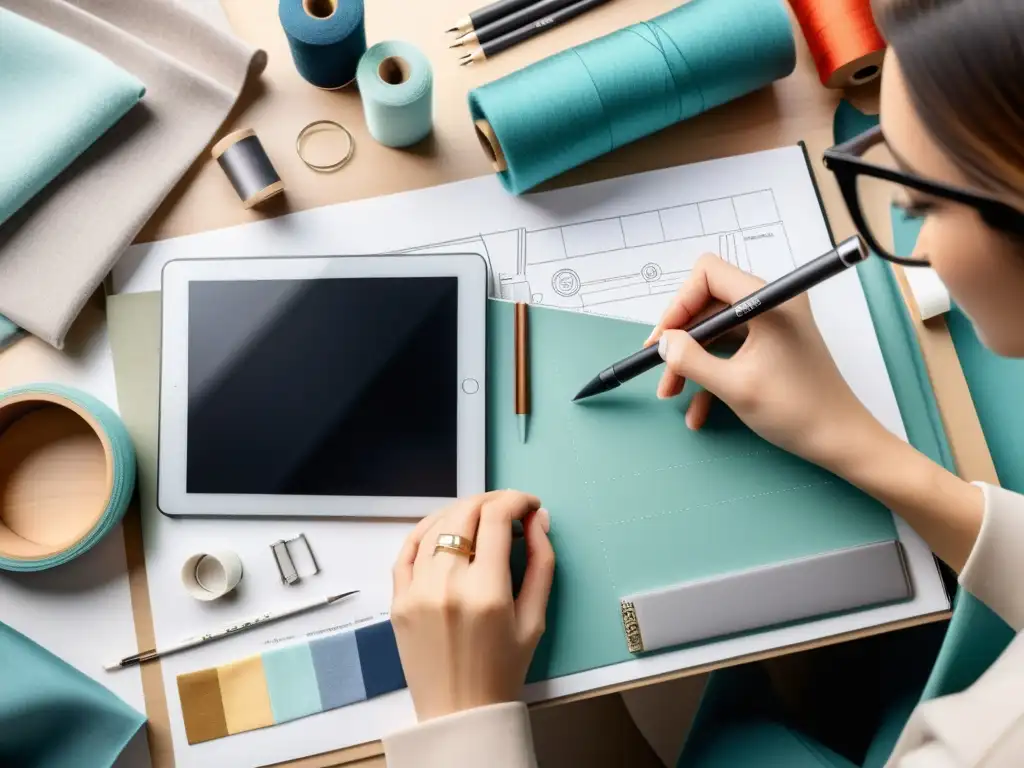 Diseñadora de moda dibujando en una tablet, rodeada de telas, herramientas de costura y un tablero de inspiración en un estudio moderno