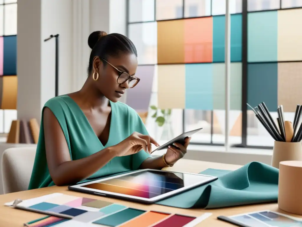 Diseñadora de moda dibujando en tablet rodeada de muestras de tela, herramientas de costura y tablero de inspiración