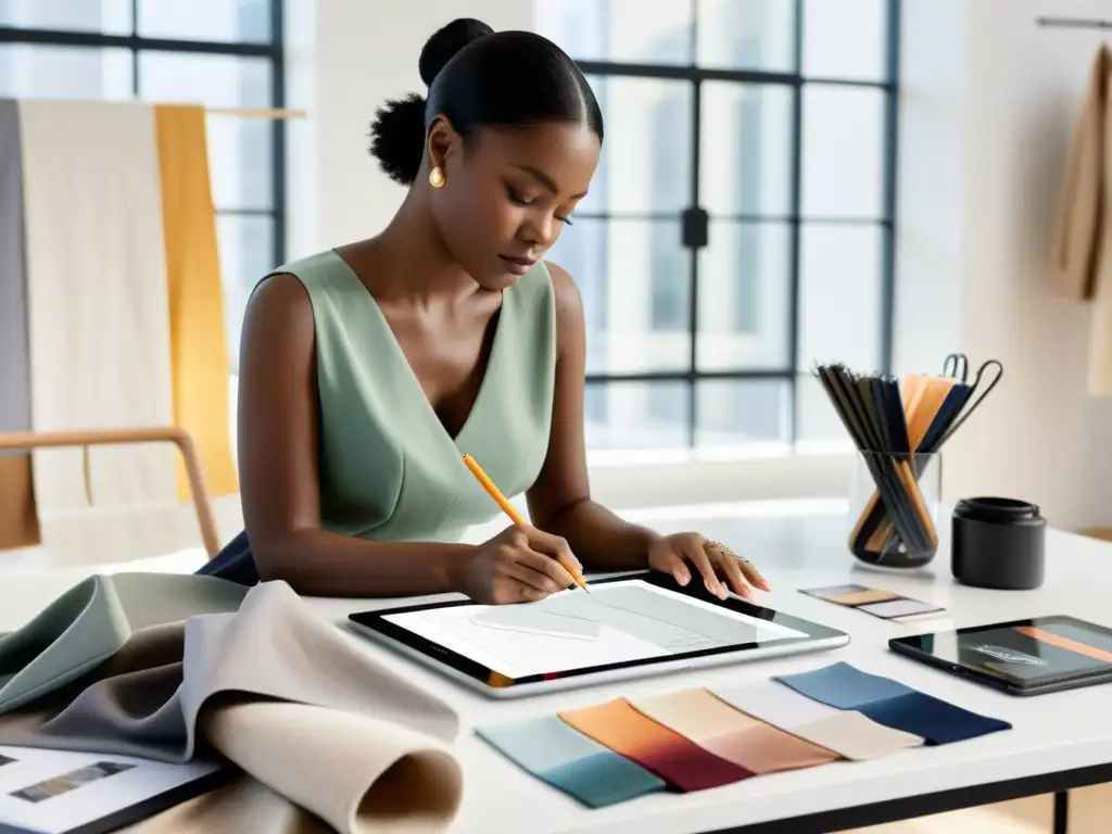 Una diseñadora de moda dibuja en una tableta rodeada de telas y revistas, en un estudio moderno con luz natural