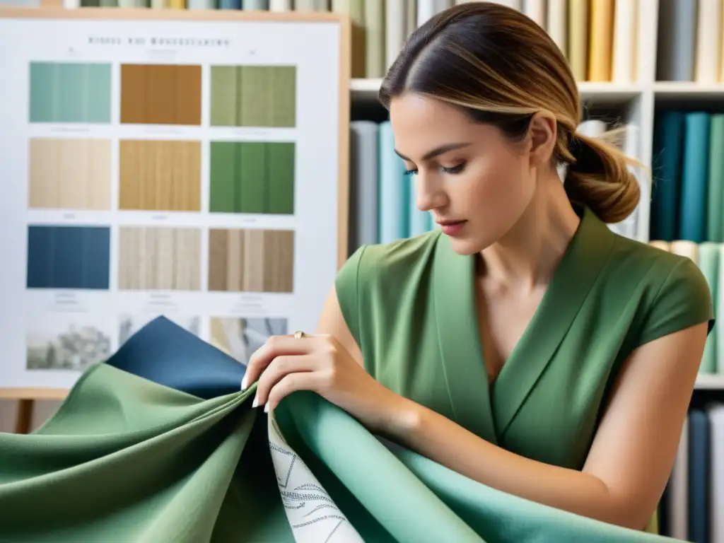 Una diseñadora de moda examina detenidamente una tela orgánica, rodeada de bocetos y muestras de materiales sostenibles