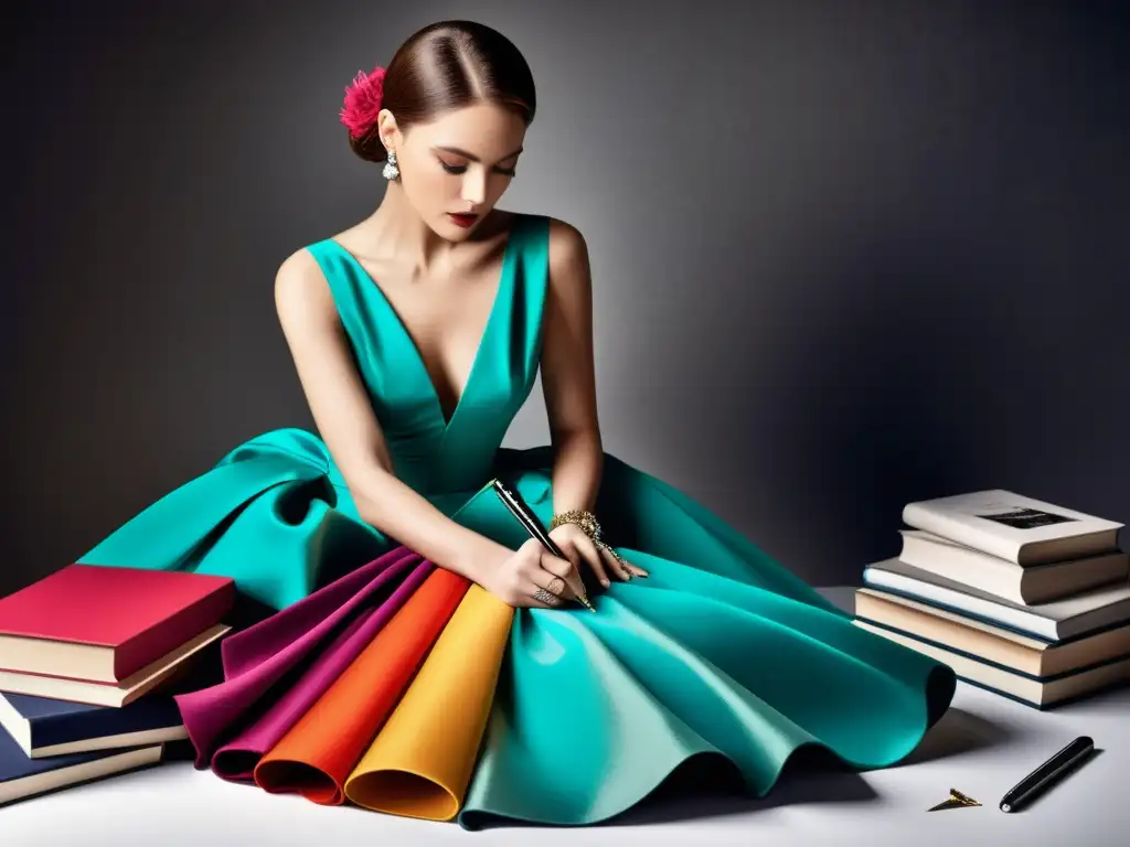 Una diseñadora de moda crea un vestido de alta costura, rodeada de telas lujosas y libros de diseño