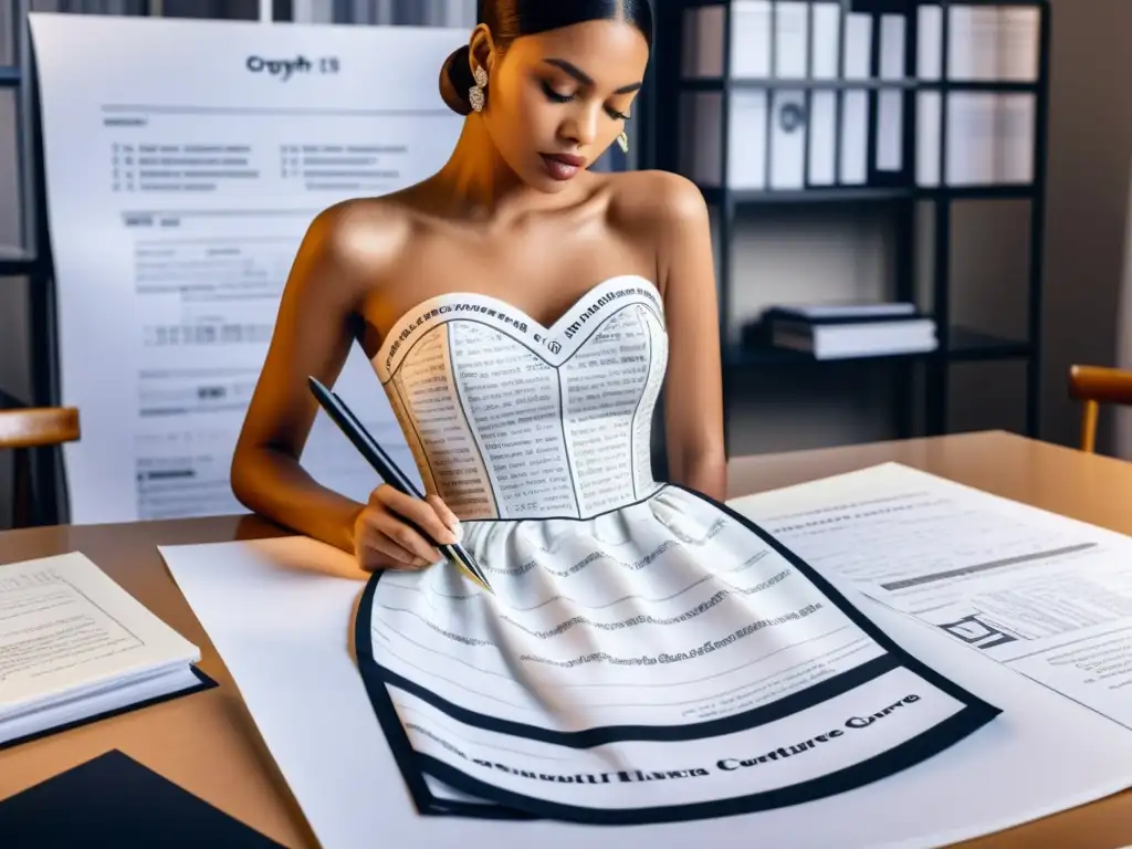 Una diseñadora de moda esboza un vestido rodeada de símbolos de derechos de autor y documentos legales, fusionando arte y legalidad en diseño de moda