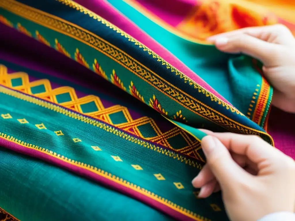 Una diseñadora inspecciona cuidadosamente un vibrante y detallado textil bajo la luz natural, resaltando la protección de textiles y estampados propiedad intelectual