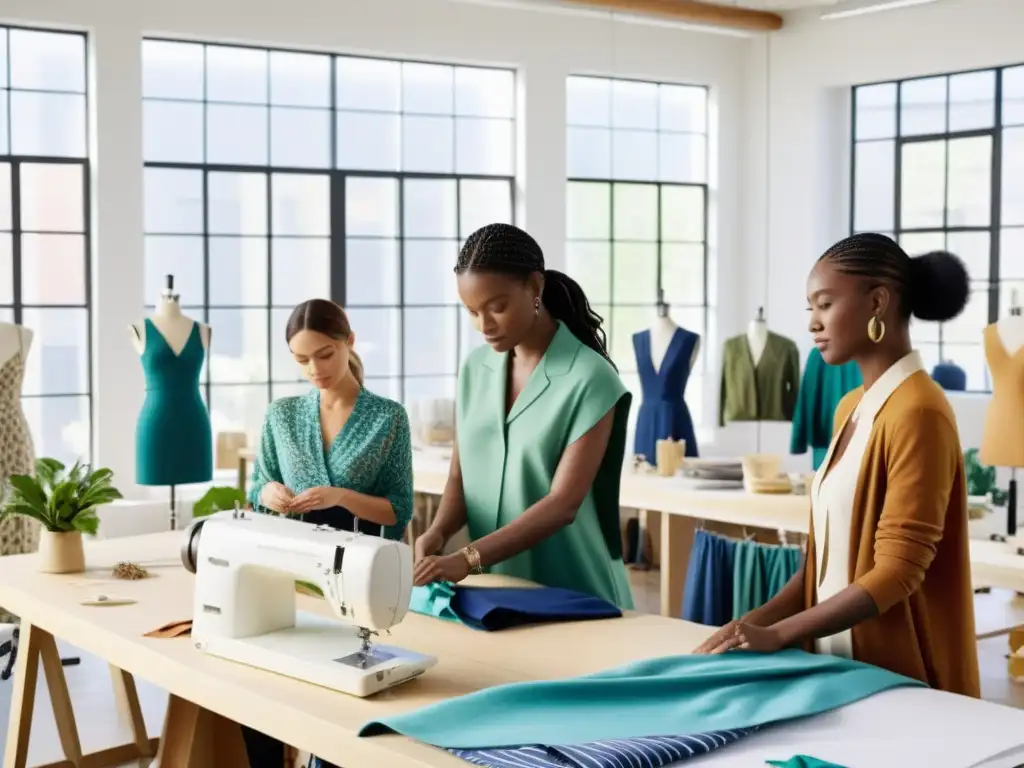 Diseñadores y artesanos crean moda sostenible en un estudio luminoso, rodeados de telas y máquinas de coser