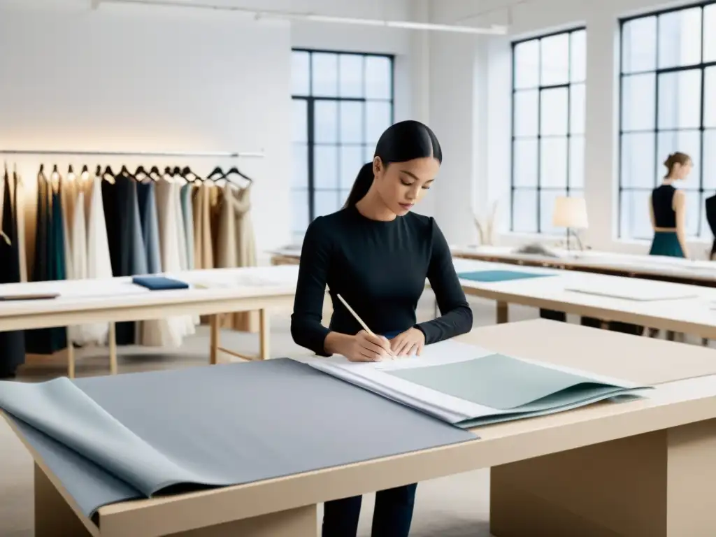 Diseñadores creando moda en un atelier moderno, destacando la gestión de derechos de propiedad intelectual en la industria de la moda