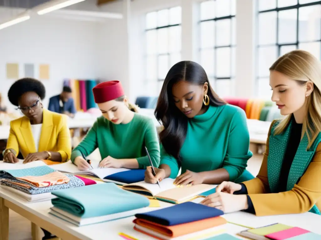 Diseñadores de moda trabajan en estudio luminoso, rodeados de telas y materiales de costura, creando diseños innovadores