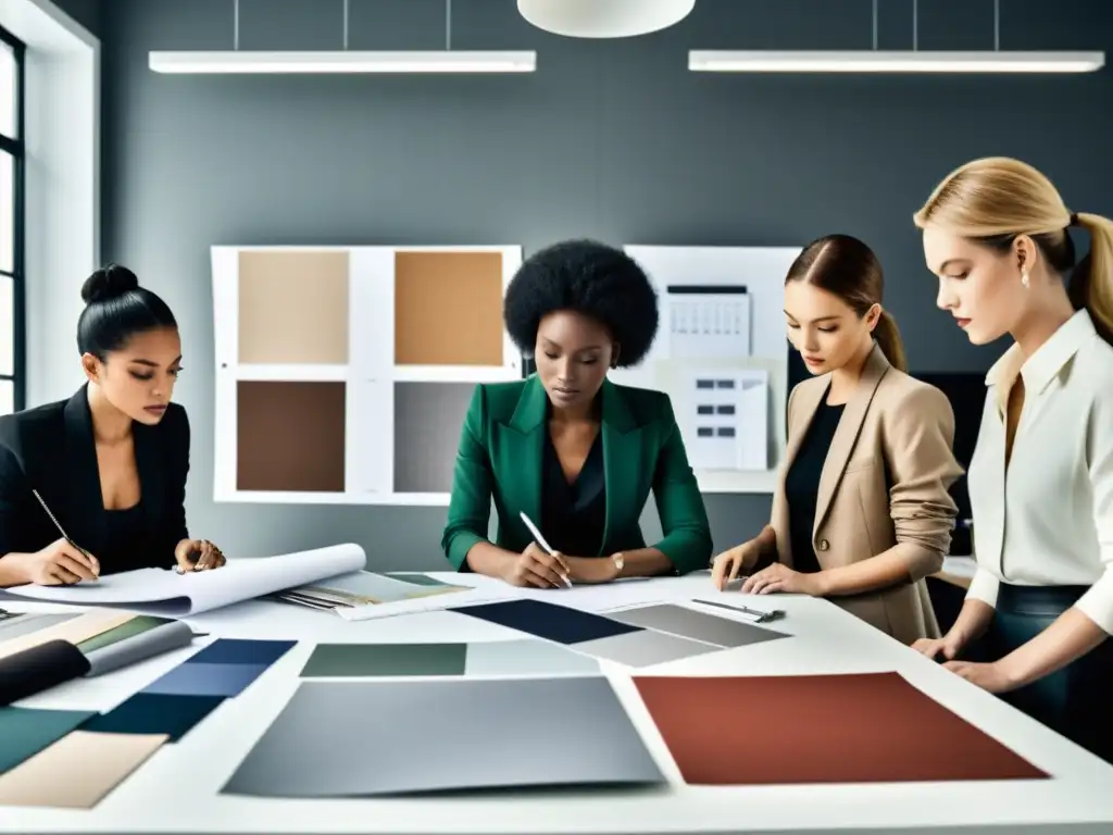 Diseñadores de moda colaboran creativamente en un estudio minimalista, discutiendo ideas para sus colecciones