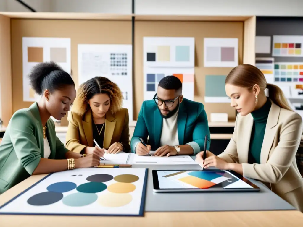 Diseñadores de moda colaboran en un estudio moderno, reflejando la energía creativa y el trabajo en equipo en la industria europea de la moda