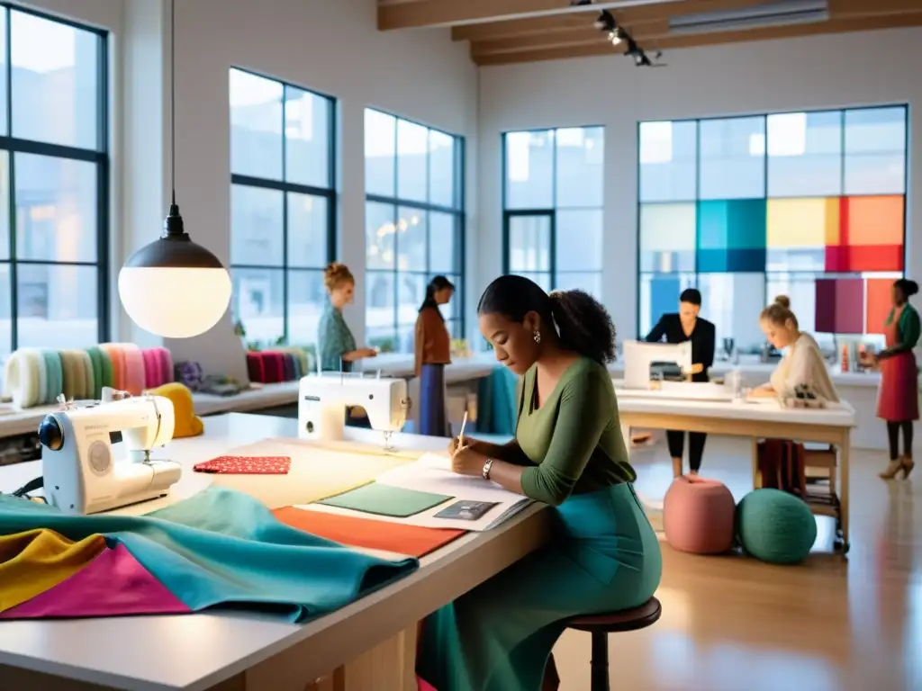 Diseñadores trabajando en un taller de moda moderna, con luz natural y coloridas telas, cumpliendo con regulaciones seguridad productos moda