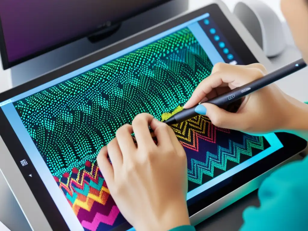 Diseño digital de textiles con protección de estampados propiedad intelectual en pantalla de ordenador, destacando la precisión y artesanía