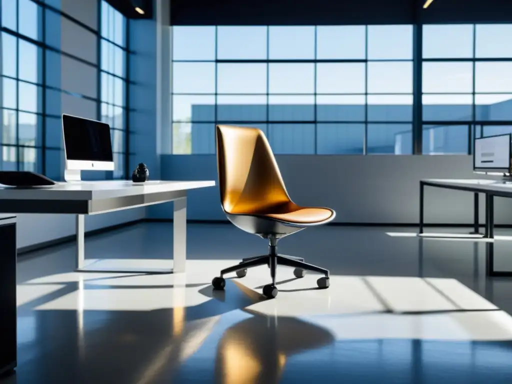 Diseño industrial moderno protegido globalmente: silla minimalista futurista en fábrica vanguardista iluminada por luz natural y máquinas avanzadas