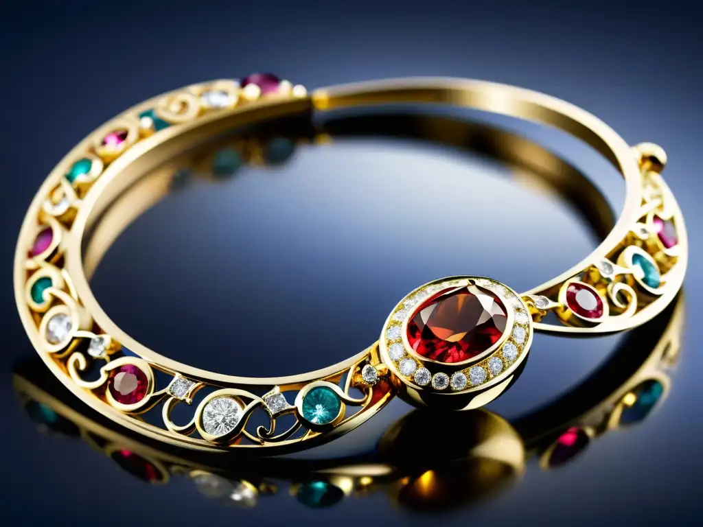 Un diseño de joyas impresionante y detallado, con gemas relucientes y metal delicado