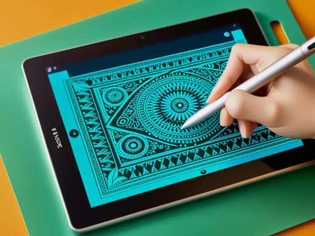 Diseño de moda digital detallado con tablet y estilógrafo, creando patrones y colores vibrantes