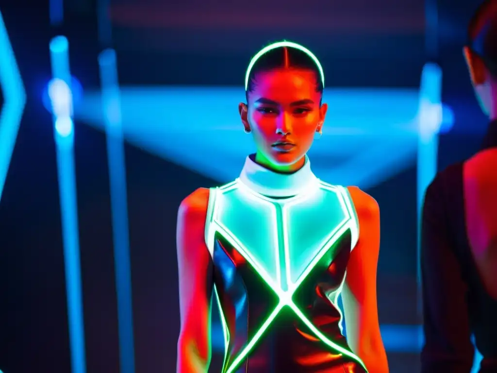 Diseño vanguardista en pasarela de moda wearable, fusionando tecnología y moda con luces de neón