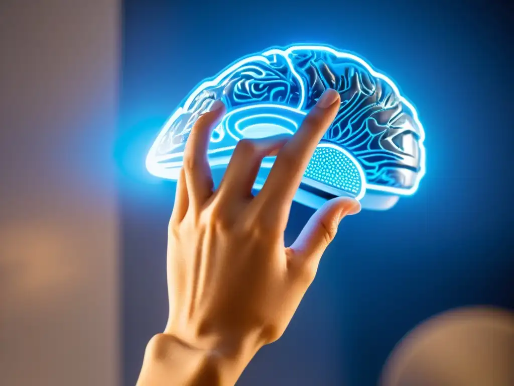 Dispositivo futurista de interfaz neural integrado en la mano, mostrando patrones neuronales en holograma