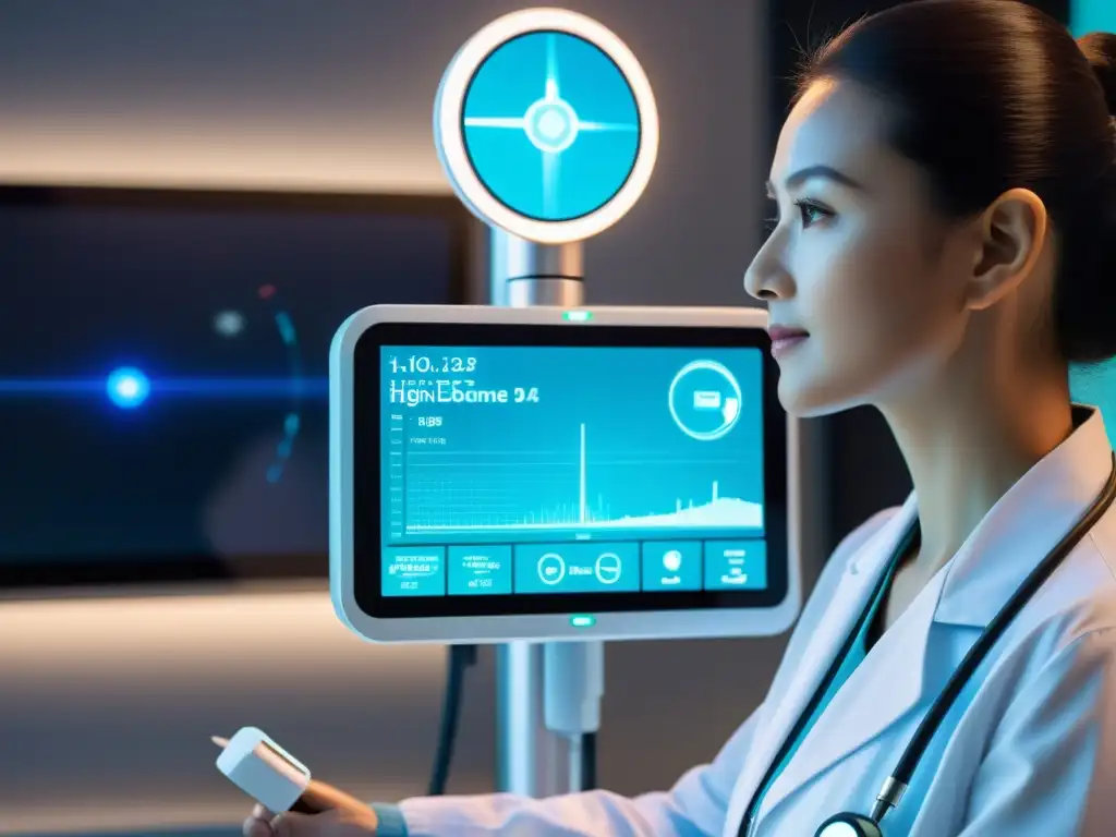 Un dispositivo futurista de telemedicina monitorea signos vitales del paciente, con hologramas en un ambiente médico moderno