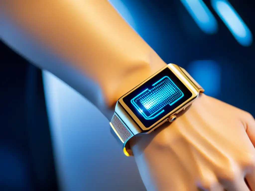 Dispositivo médico futurista: tecnología avanzada en tu muñeca Un dispositivo médico futurista de diseño vanguardista, con circuitos visibles a través de su carcasa transparente