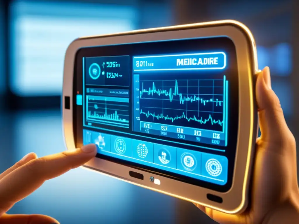 Dispositivo médico futurista con pantalla transparente mostrando datos médicos complejos