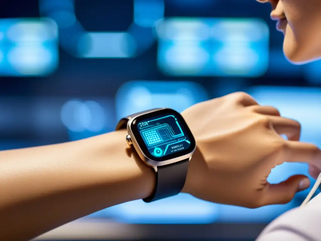 Dispositivo médico de alta tecnología en acción Dispositivo médico de vanguardia en un entorno médico futurista, mostrando circuitos intrincados y sensores