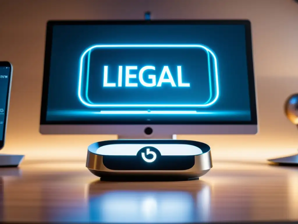 Un dispositivo de streaming moderno con símbolos de propiedad intelectual y regulaciones legales en pantalla, rodeado de elementos digitales futuristas en un entorno profesional y educativo