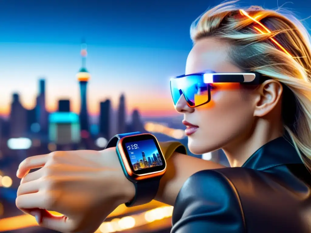 Un dispositivo wearable futurista en primer plano, con una ciudad vibrante de fondo