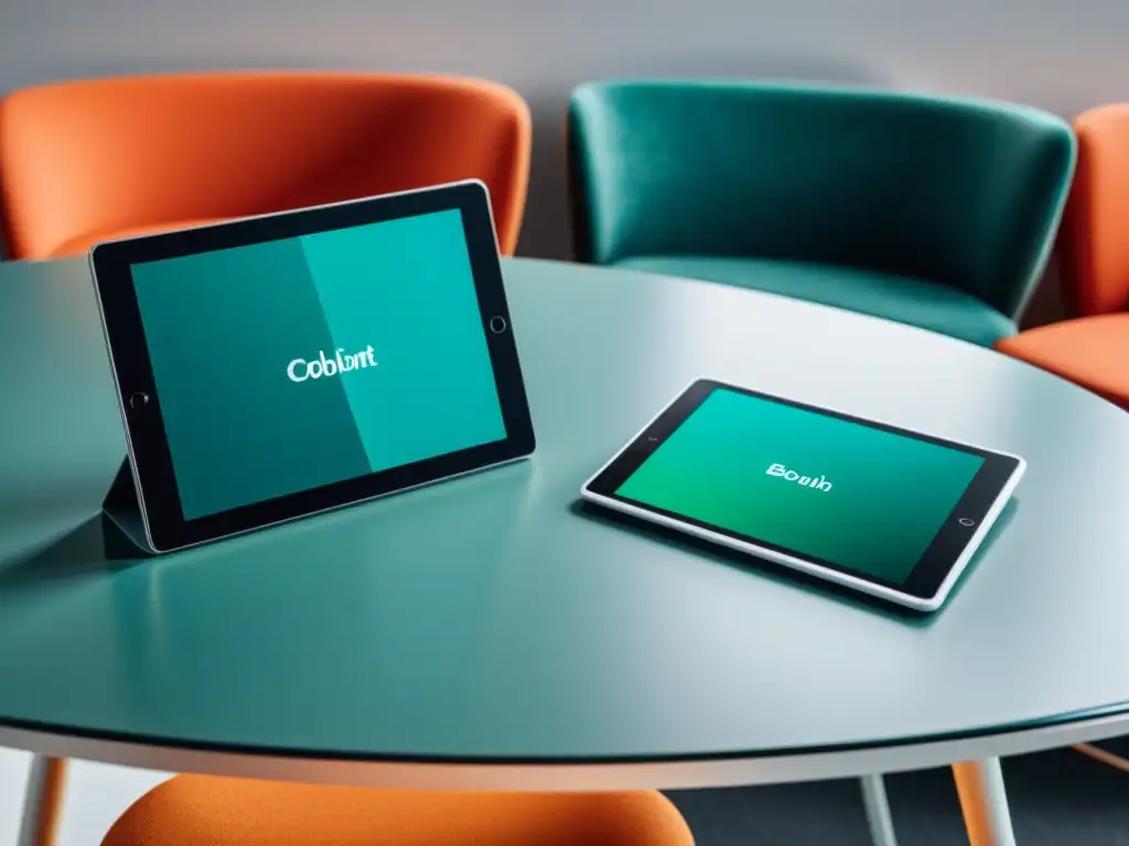 Dispositivos digitales colaborativos en un escritorio moderno Dos dispositivos digitales modernos exhiben marcas colaborativas en un escritorio minimalista, representando el cobranding digital
