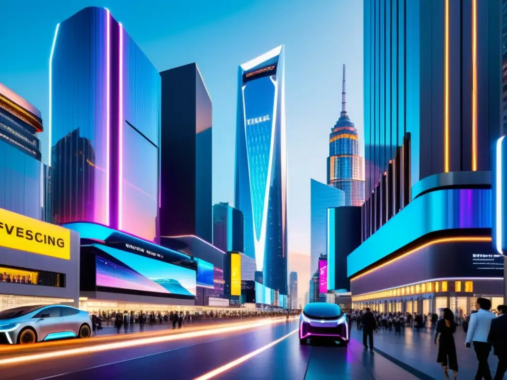 Innovación disruptiva en propiedad intelectual: Ciudad futurista con rascacielos metálicos, vehículos eléctricos avanzados y hologramas publicitarios