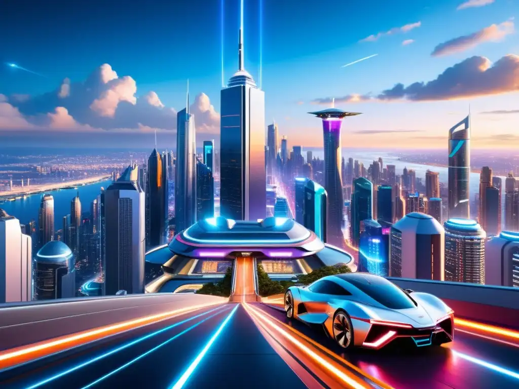 Innovación disruptiva en propiedad intelectual: Ciudad futurista con rascacielos, luces neón, autos voladores y calles bulliciosas