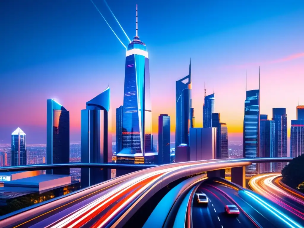 Innovación disruptiva en propiedad intelectual: Una ciudad futurista con rascacielos y luces de neón, reflejo del avance tecnológico y la innovación