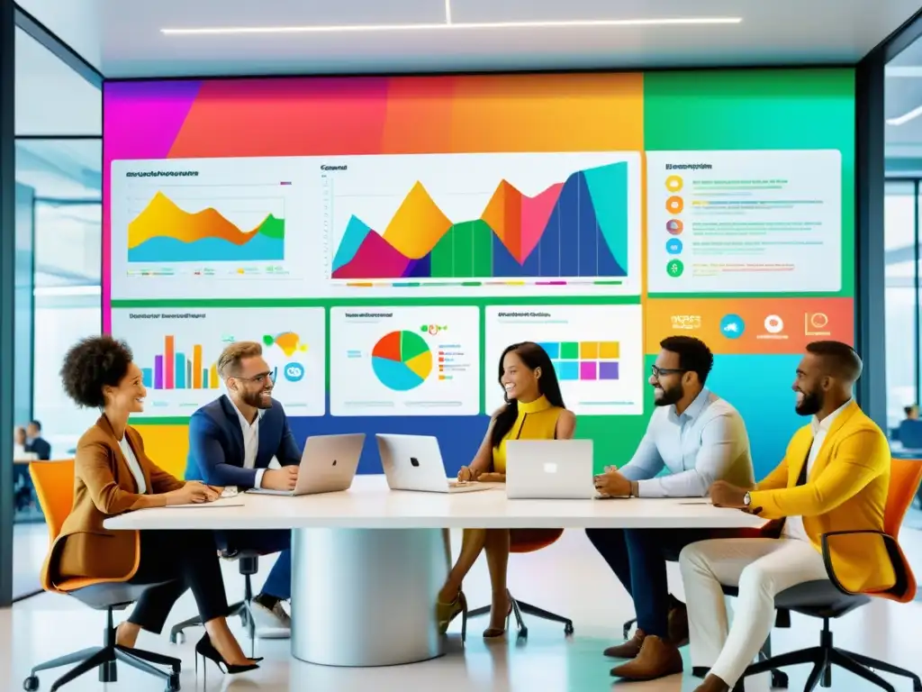 Diverso equipo colabora en una campaña de marketing digital en una oficina moderna, con gráficos coloridos en pantallas grandes