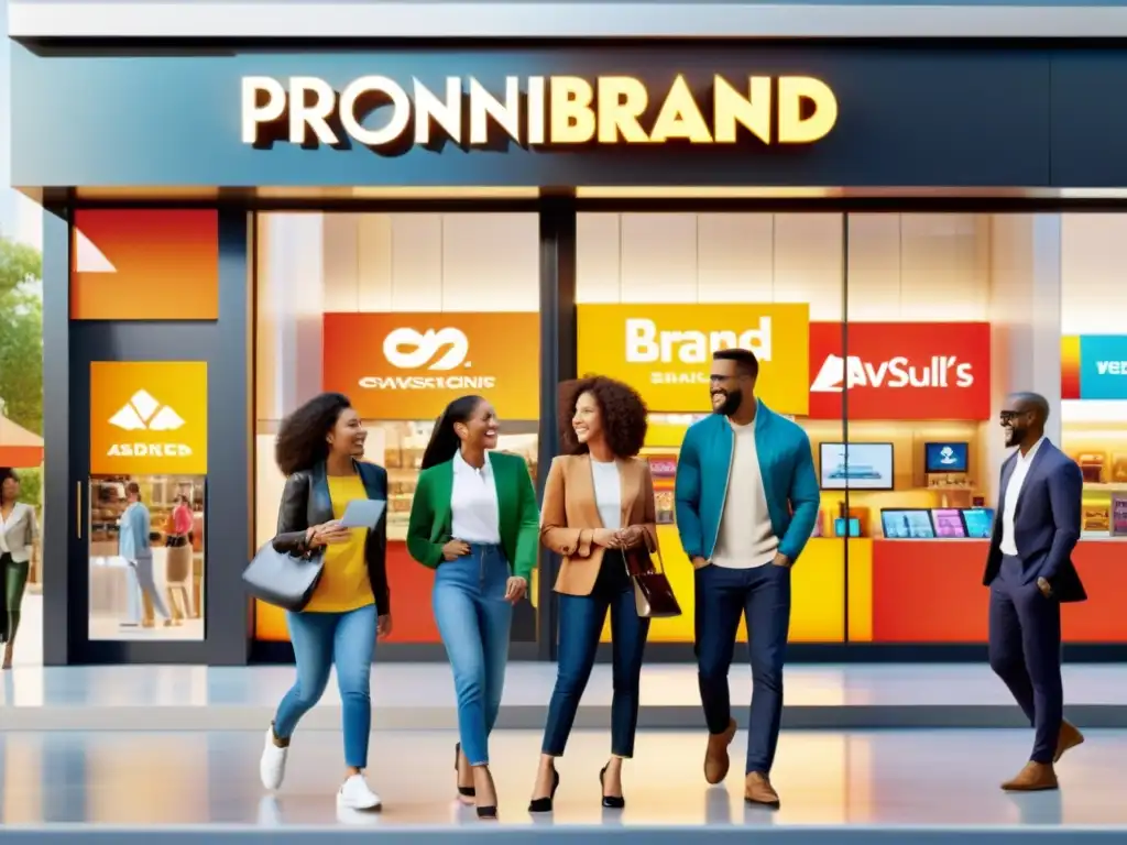 Diverso grupo frente a tienda de marca, con prendas variadas y vibrantes anuncios