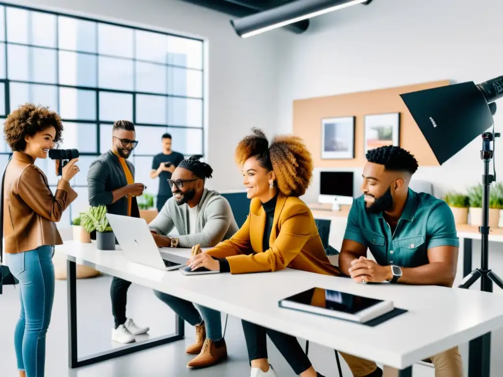 Diverso grupo de influencers creando contenido en un estudio moderno y luminoso