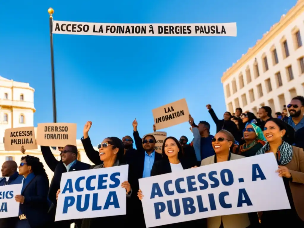 Diverso grupo en protesta pacífica por 'Procedimientos legales acceso información pública' frente a edificio gubernamental, bajo cielo azul radiante