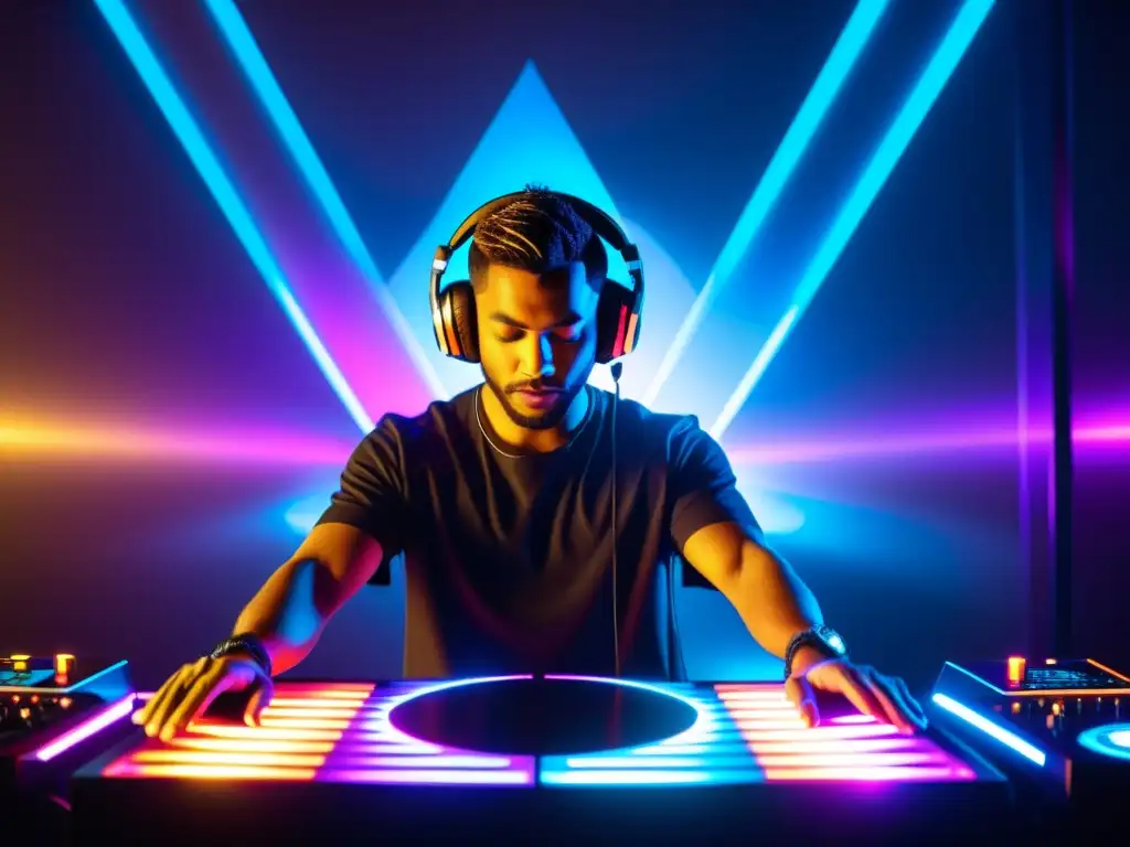 DJ en cabina futurista con luces LED vibrantes y público cautivado